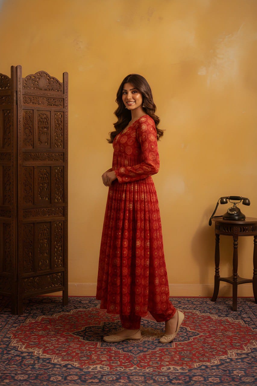 Women Foil Printed Flared Kurta Pant Set in Delta Silk