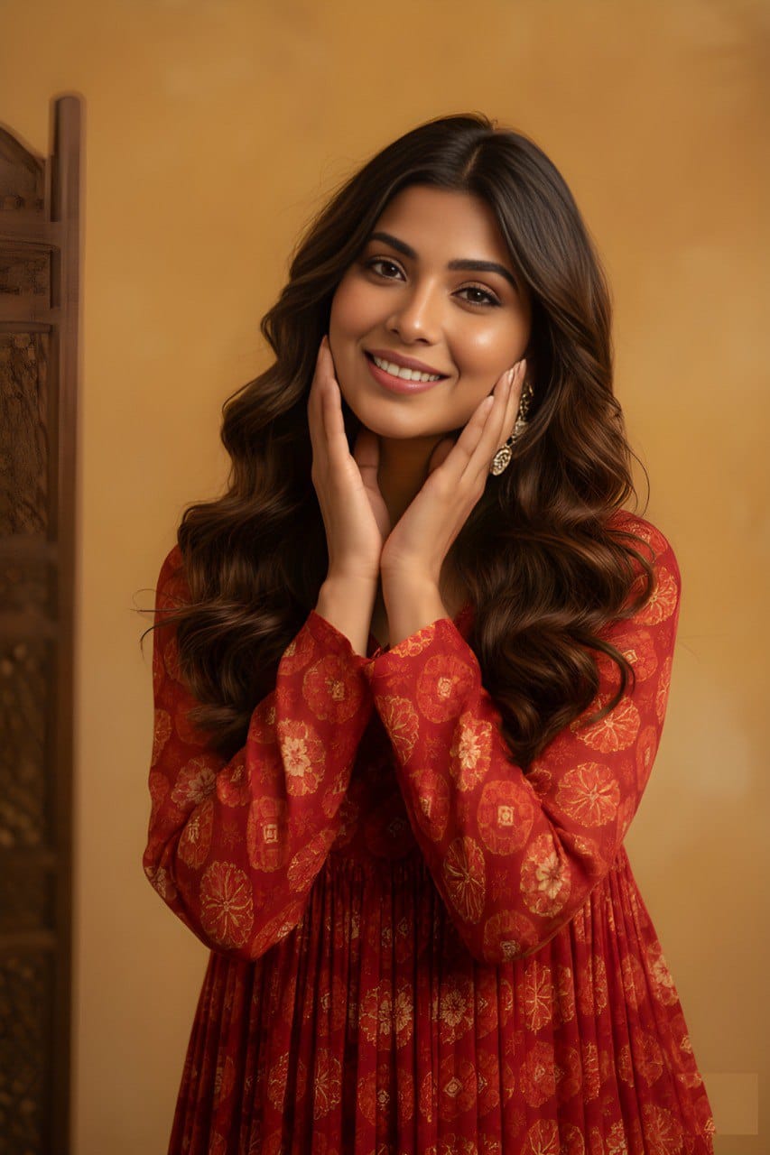 Women Foil Printed Flared Kurta Pant Set in Delta Silk