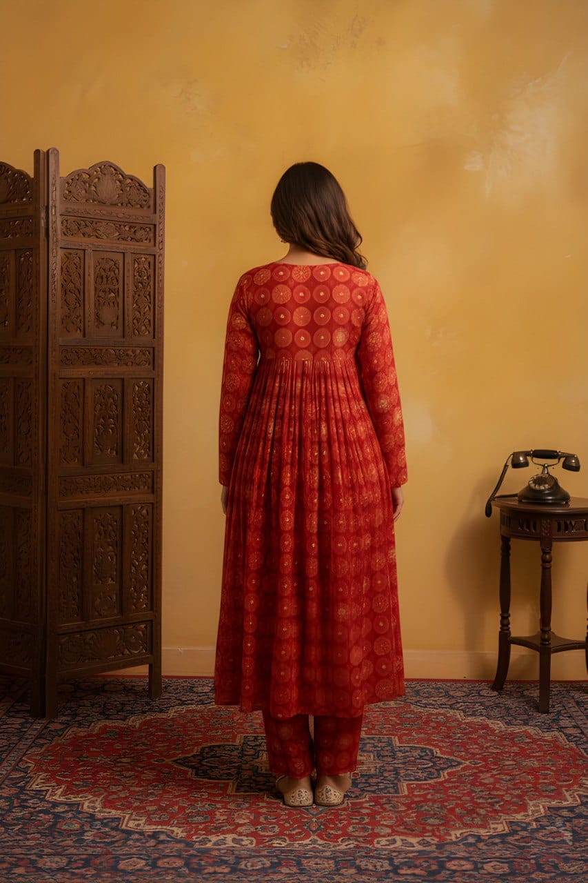 Women Foil Printed Flared Kurta Pant Set in Delta Silk