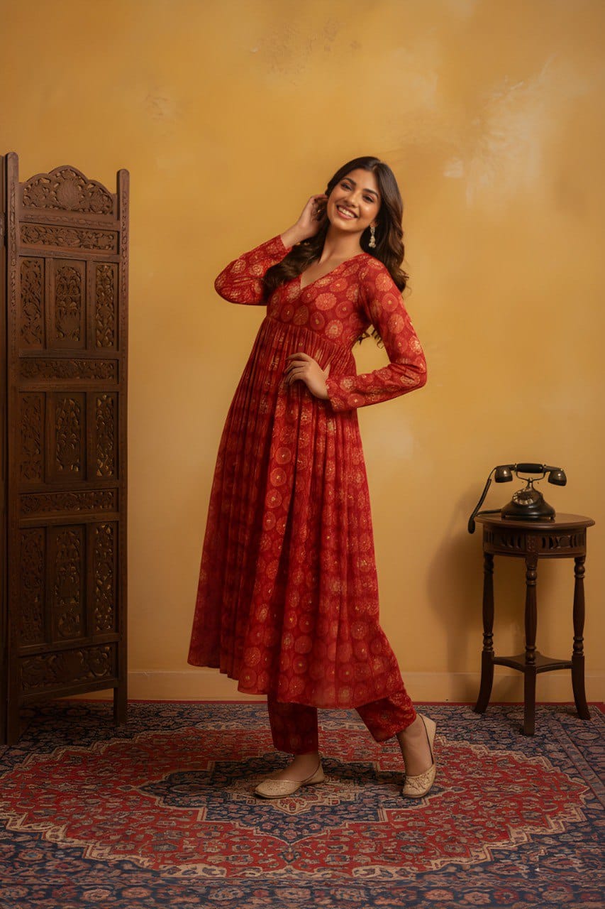 Women Foil Printed Flared Kurta Pant Set in Delta Silk