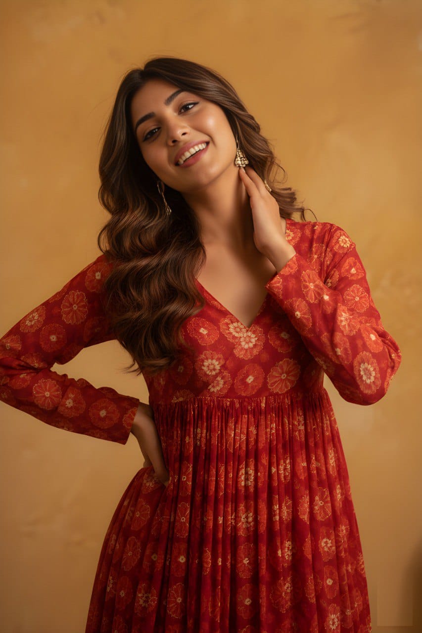 Women Foil Printed Flared Kurta Pant Set in Delta Silk