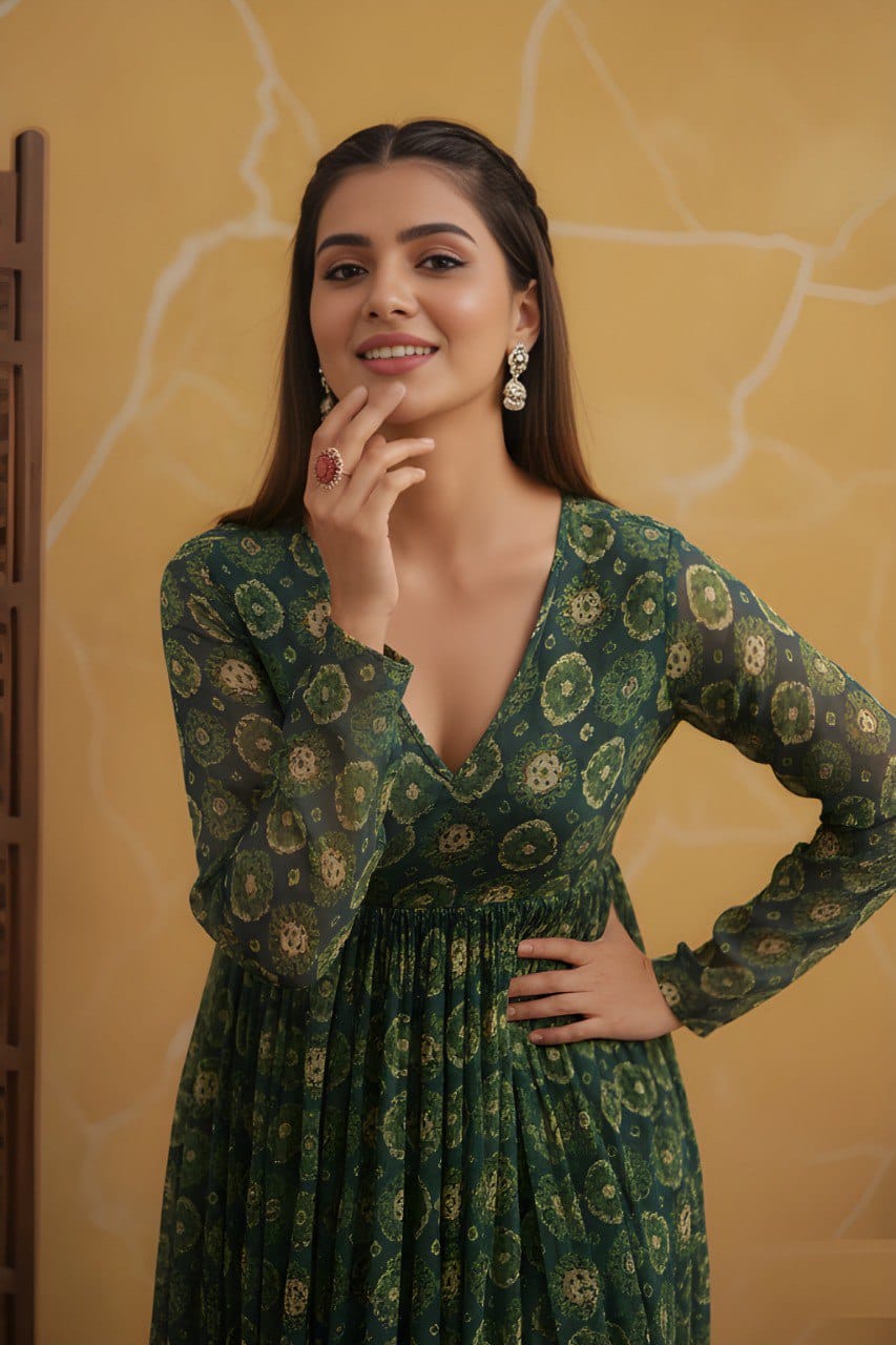 Women Foil Printed Flared Kurta Pant Set in Delta Silk