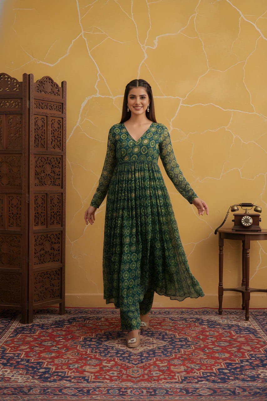 Women Foil Printed Flared Kurta Pant Set in Delta Silk