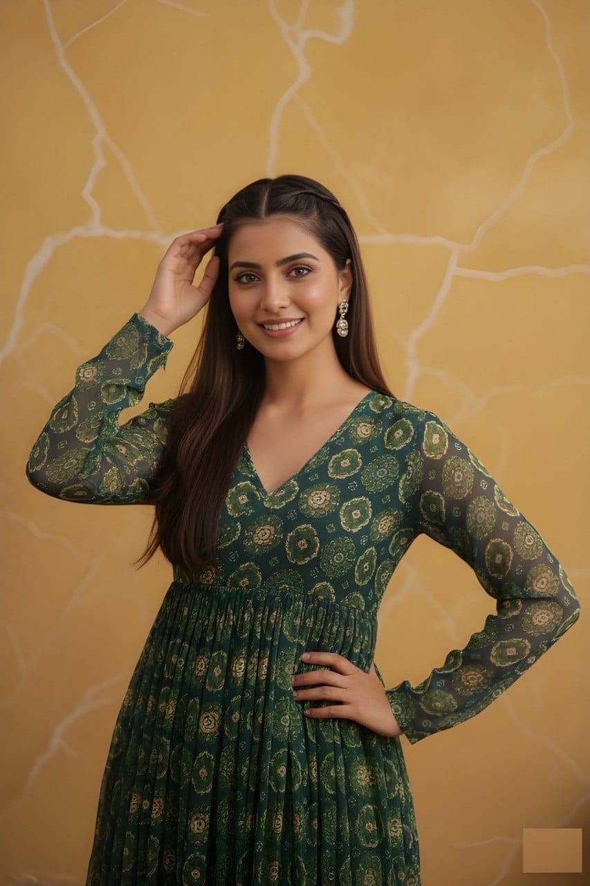 Women Foil Printed Flared Kurta Pant Set in Delta Silk