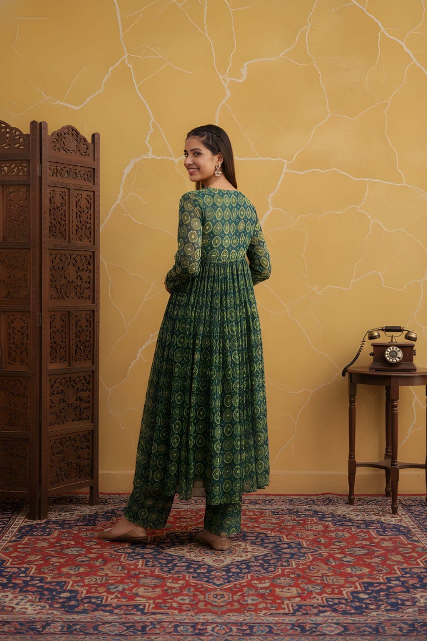 Women Foil Printed Flared Kurta Pant Set in Delta Silk