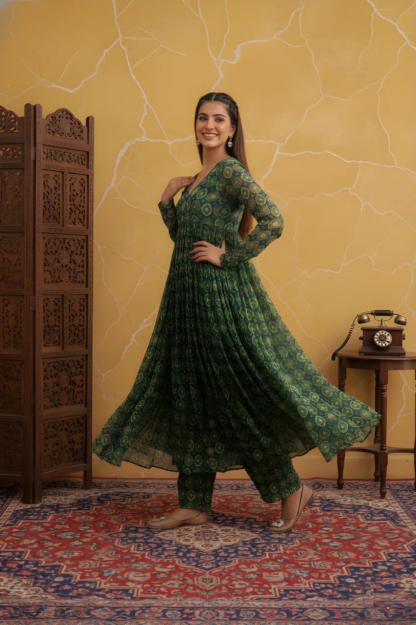 Women Foil Printed Flared Kurta Pant Set in Delta Silk