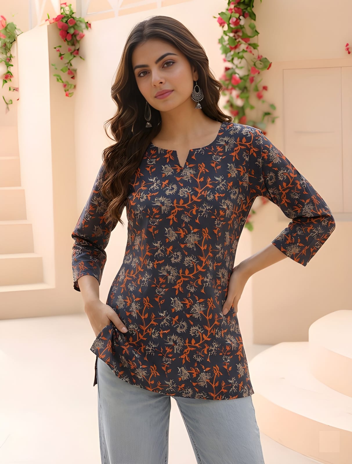 Women Navy Blue Printed Cotton Tunic Top