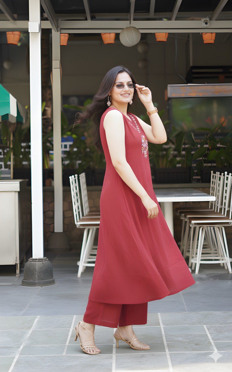 Women Red Soft Cotton Embroidered Kurta Palazzo Set