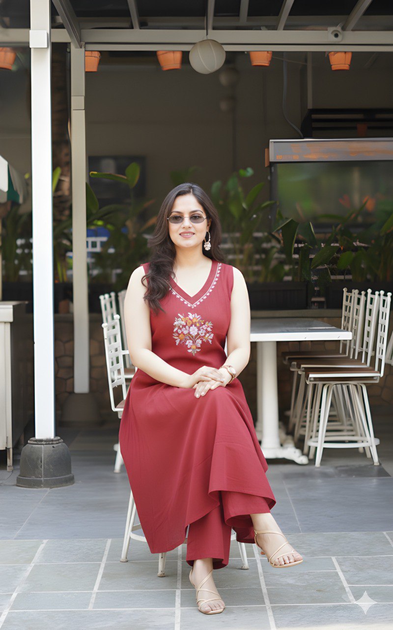 Women Red Soft Cotton Embroidered Kurta Palazzo Set