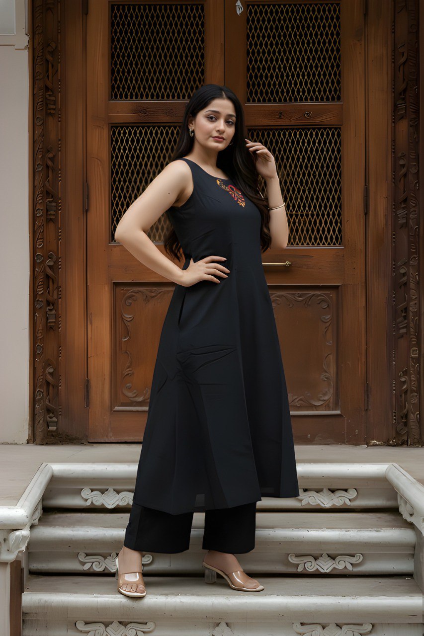 Women Black Soft Cotton Embroidered Kurta Palazzo Set