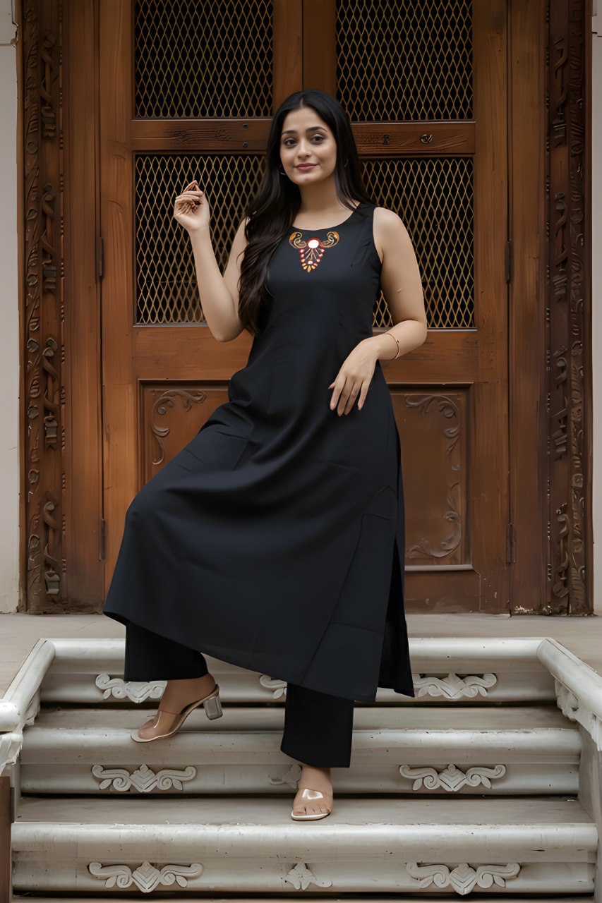 Women Black Soft Cotton Embroidered Kurta Palazzo Set