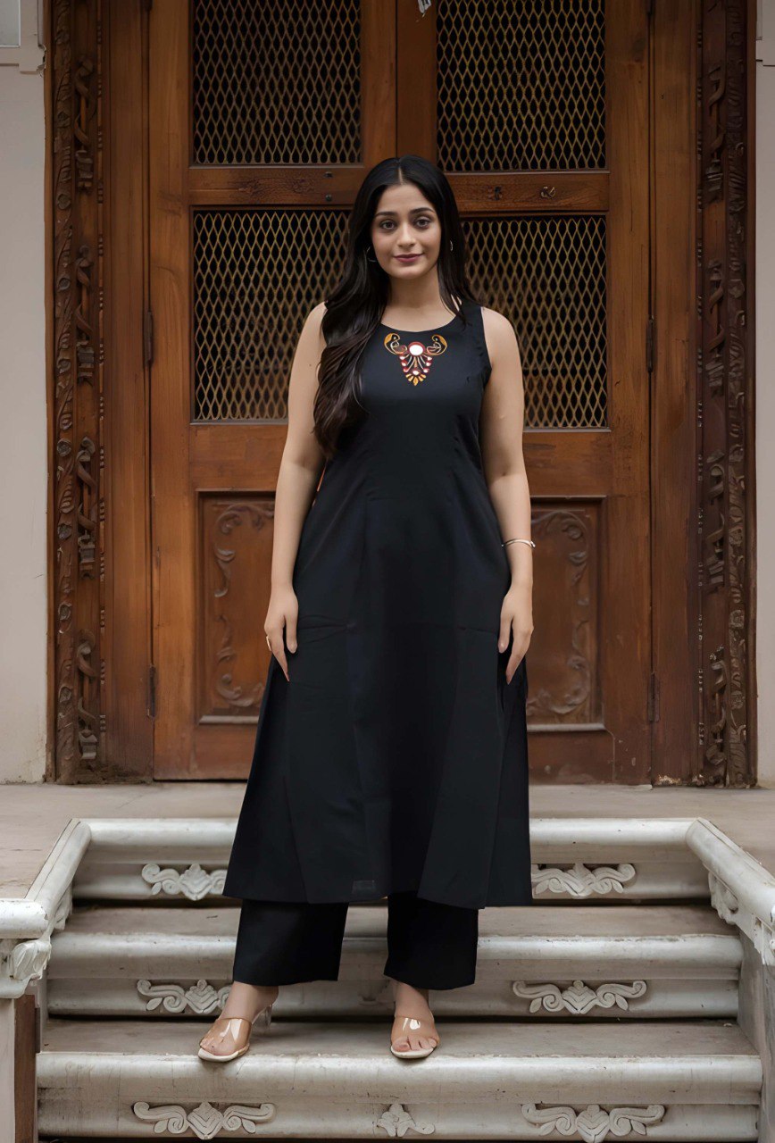 Women Black Soft Cotton Embroidered Kurta Palazzo Set