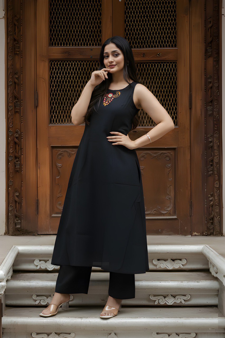Women Black Soft Cotton Embroidered Kurta Palazzo Set