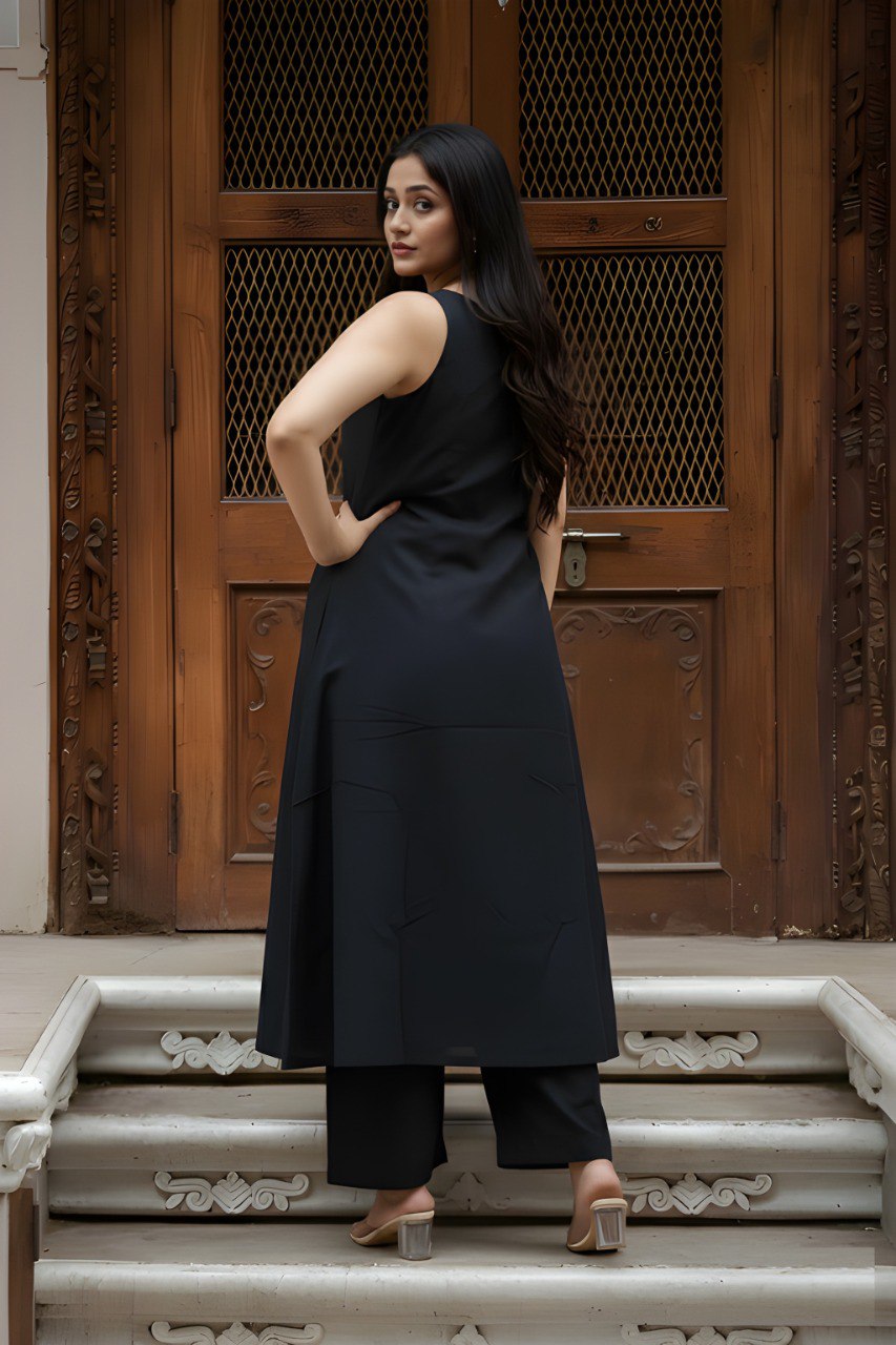 Women Black Soft Cotton Embroidered Kurta Palazzo Set