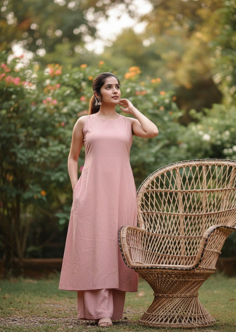 Women Peach Soft Cotton Hand Work Kurta Palazzo Set