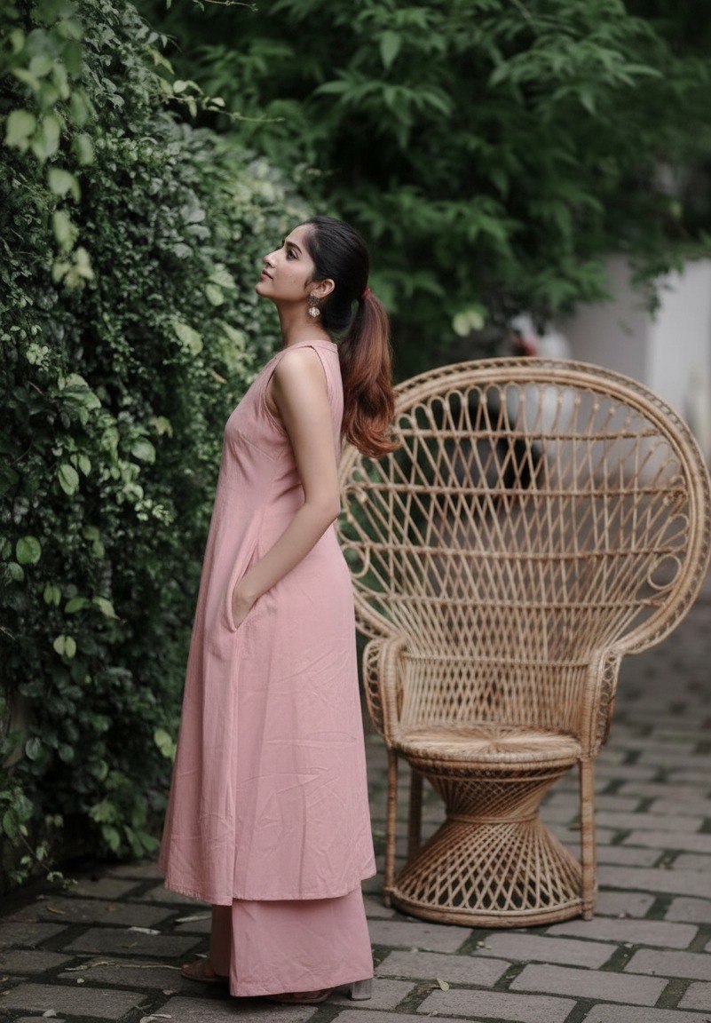 Women Peach Soft Cotton Hand Work Kurta Palazzo Set