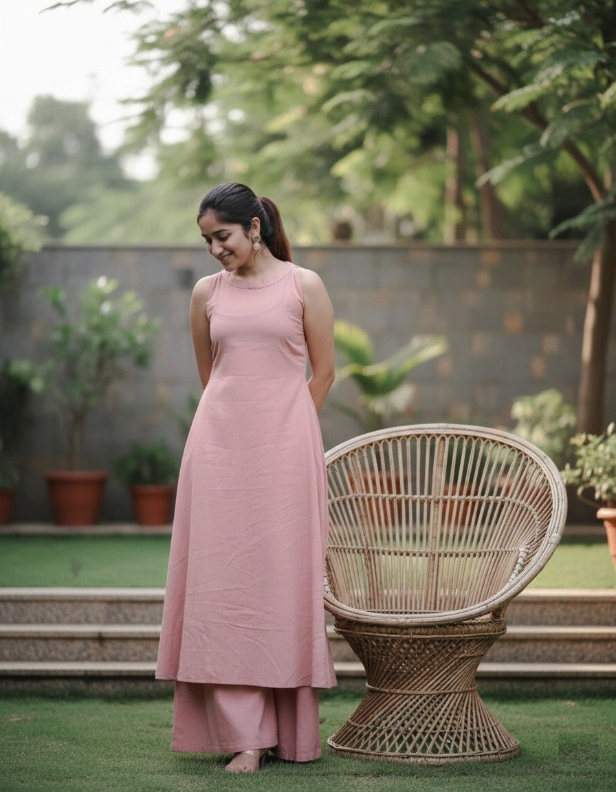 Women Peach Soft Cotton Hand Work Kurta Palazzo Set